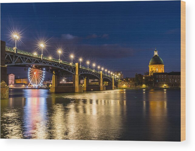 Bridge Wood Print featuring the photograph Pont Saint-PIerre with street lanterns at night by Semmick Photo
