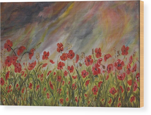 Poppies Wood Print featuring the painting Poppies in a storm by David Capon