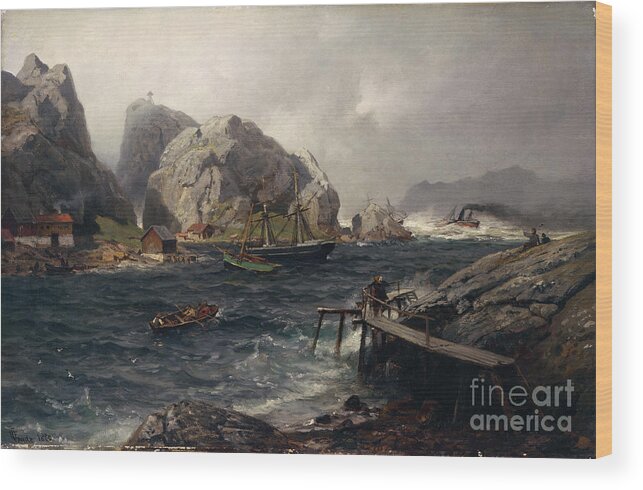 Hans Gude Wood Print featuring the painting Port of refuge by O Vaering