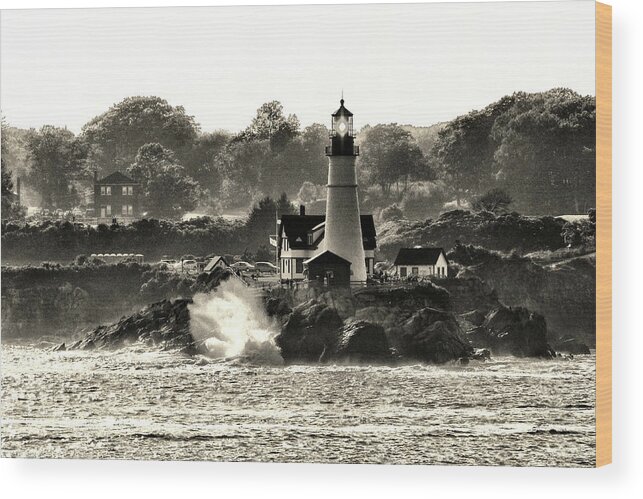 Portland Head Light Wood Print featuring the photograph Portland Head Light at Cape Elizabeth in Black and White by Bill Swartwout