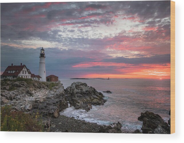 Maine Wood Print featuring the photograph Portland Head Light Sunrise by Colin Chase