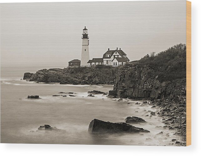 Vacationland Wood Print featuring the photograph Portland Head Lighthouse foggy morning Sepia by David Smith