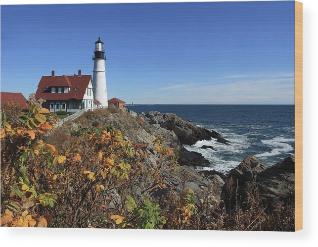 Autumn Wood Print featuring the photograph Portland Head Lighthouse in the Fall by Lou Ford