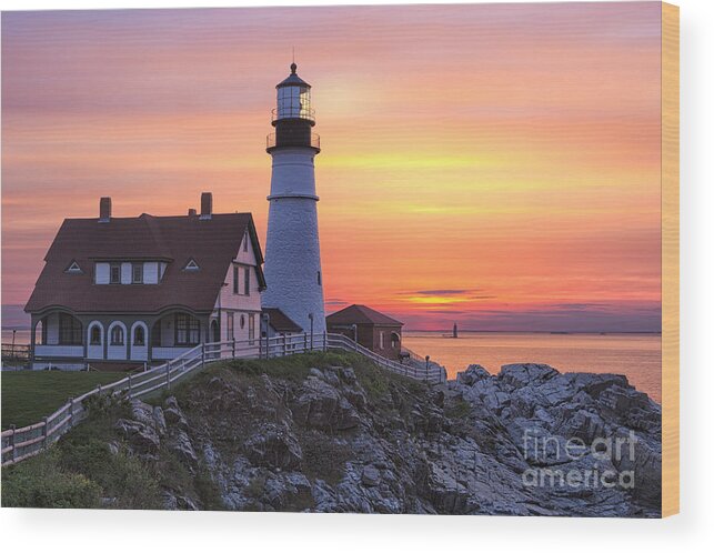 Atlantic Wood Print featuring the photograph Portland Head Lighthouse Sunrise by Jerry Fornarotto