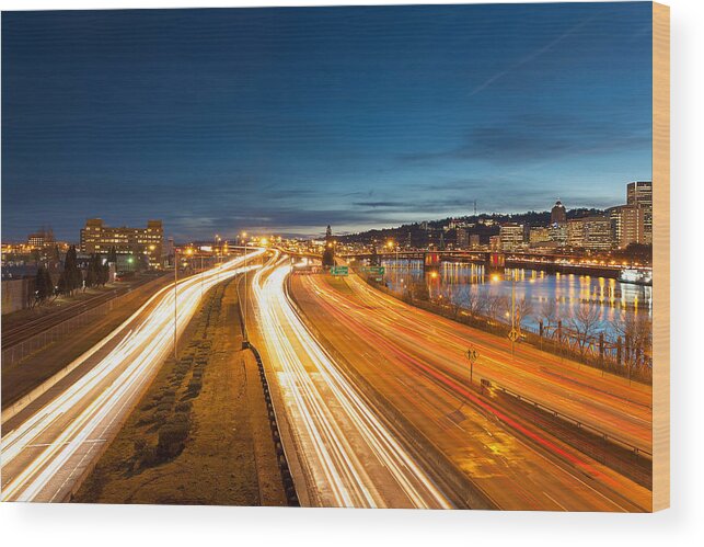 Portland Wood Print featuring the photograph Portland Oregon Interstate Freeway Light Trails by David Gn