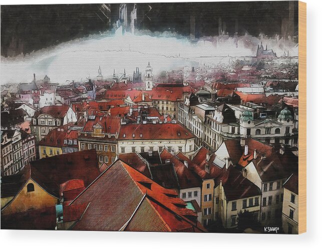 City Wood Print featuring the painting Prague Skyline by Kai Saarto
