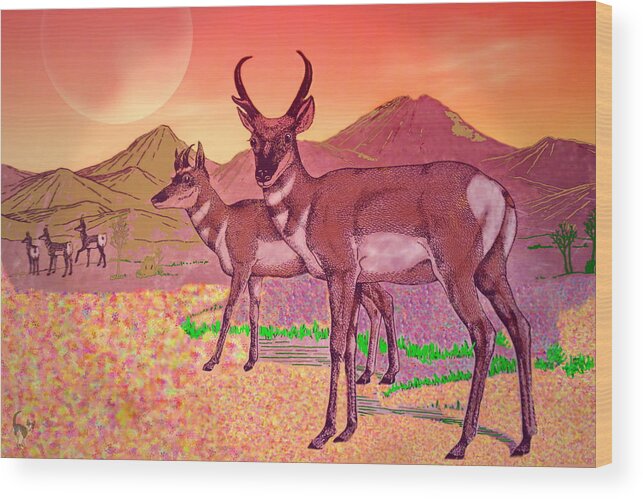 Prong-horn Wood Print featuring the digital art Prong Horns In The Moonlight by Joyce Dickens