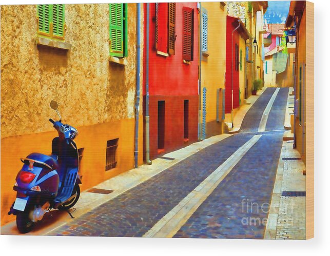 Provence Wood Print featuring the photograph Provence Street with Scooter by Olivier Le Queinec