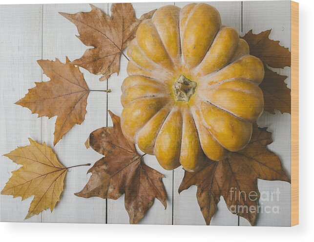 Pumpkin Wood Print featuring the photograph Pumkin and maple leaves by Jelena Jovanovic