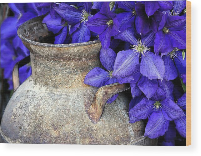 Mixed Media. Mixed Media Purple Clematis. Mixed Media Flowers. Purple Clematis Photography. Clematis. Clematis Flowers. Purple Flowers. Red Flowers. Yellow Flowers. Old Milk Cans. Frame Milk Cans. Cows. Fram. Sheep. Summer Flowers. Fall Flowers. Flower Wall Art. Gallery Art. Gallery Digtal Wall Art. Wood Print featuring the photograph Purple Clematis And A Milk Can by James Steele