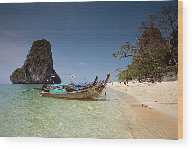 Railay Beach Wood Print featuring the photograph Railay Beach, Phra Nang Beach, Long-tail Boat and Cliff by Aivar Mikko