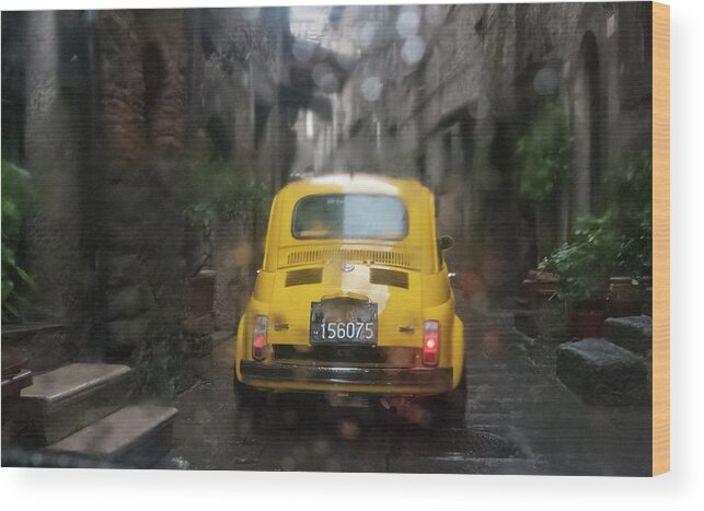 Yellow Wood Print featuring the photograph Rainy Fiat Parade, Italy by Kathleen McGinley