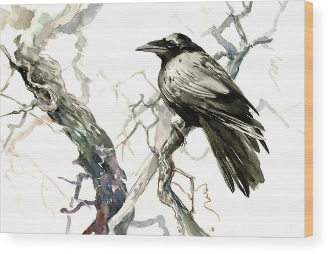 Raven Wood Print featuring the painting Raven on the Tree by Suren Nersisyan