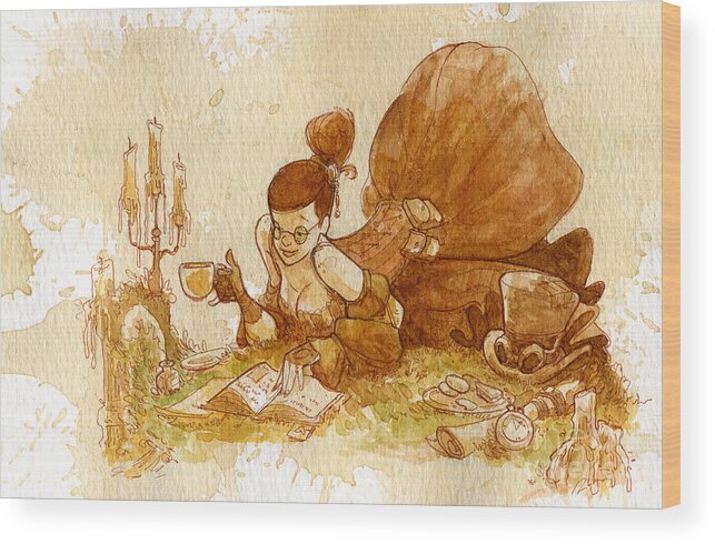 Steampunk Wood Print featuring the painting Reading by Brian Kesinger