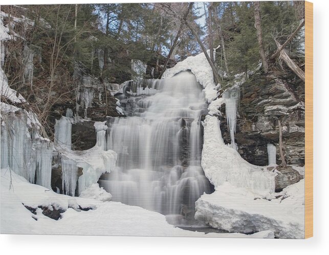 Ganoga Falls Wood Print featuring the photograph Receding Winter Ice At Ganoga Falls by Gene Walls