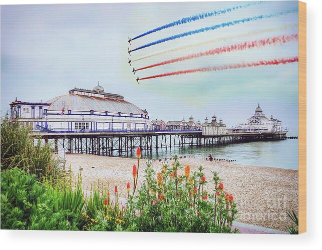 Red Arrows Wood Print featuring the digital art Red Arrows Eastbourne Pier by Airpower Art