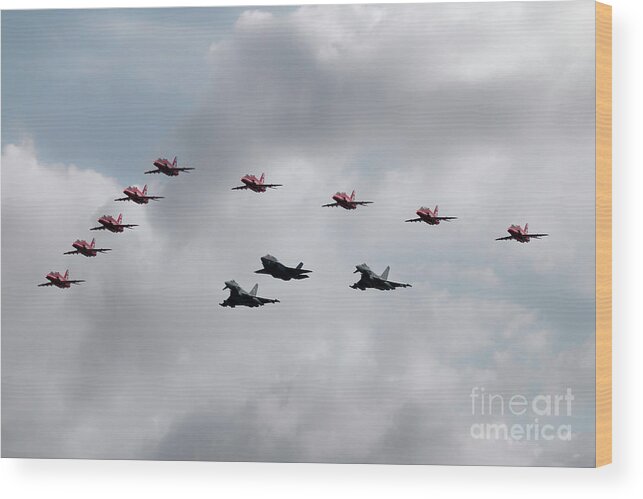 Red Arrows With F35 And Typhoons Wood Print featuring the digital art Red Arrows F35 and Typhoons by Airpower Art