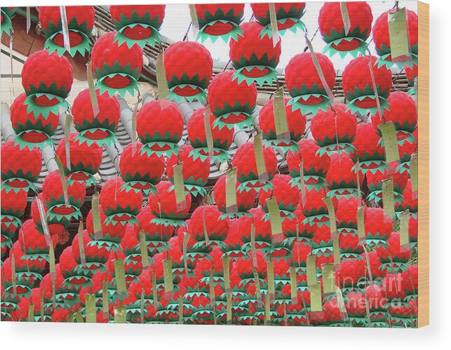 Lotus Wood Print featuring the photograph Red lotus lanterns in Seoul by Delphimages Photo Creations