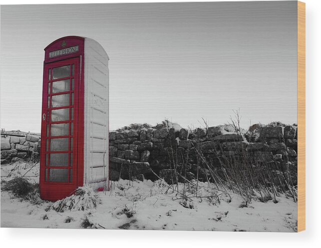 Red Telephone Box Wood Print featuring the photograph Red Telephone Box in the Snow vi by Helen Jackson