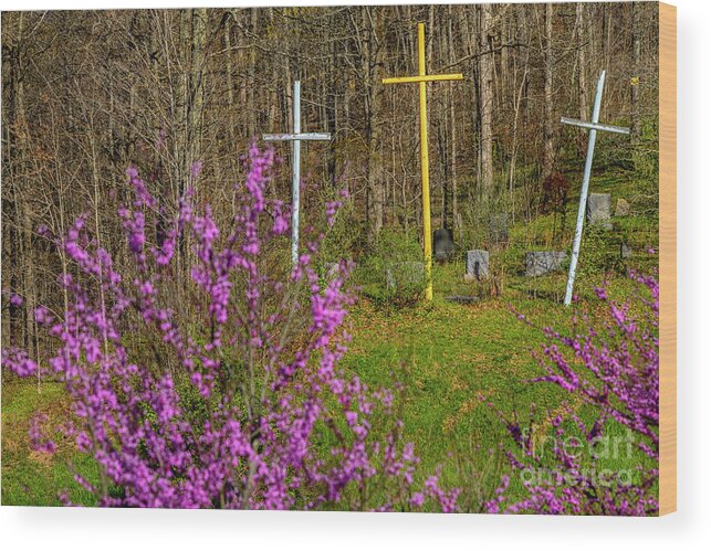 Cross Wood Print featuring the photograph Redbud and Three Crosses by Thomas R Fletcher