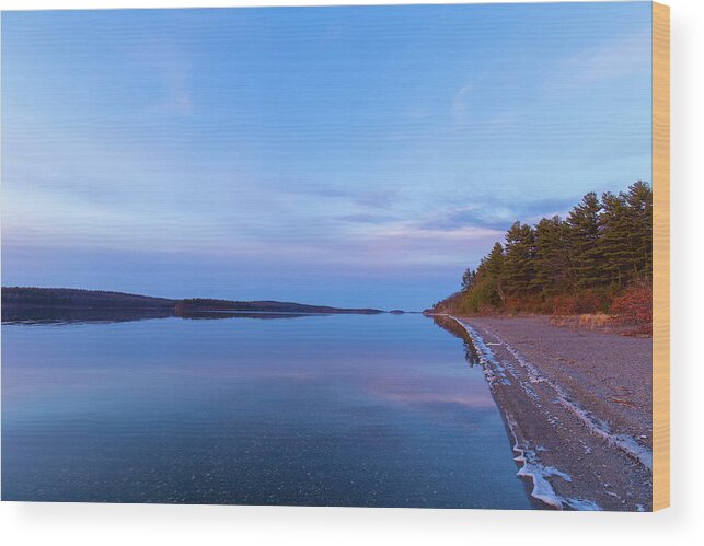 Winter Wachusett Reservoir Sun Set Sunset Rise Sunrise Outside Outdoors Nature Natural Reservation Preservation Ice Snow Landscape Trees Sky Reflection Color Brian Hale Brianhalephoto Ma Mass Massachusetts New England Newengland U.s.a. Reflecting Reflection Wood Print featuring the photograph Reflecting at the Reservoir by Brian Hale