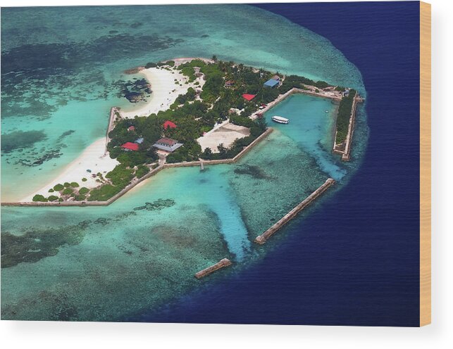 Jenny Rainbow Fine Art Photography Wood Print featuring the photograph Resort in the Ocean 2. Aerial Journey around Maldives by Jenny Rainbow