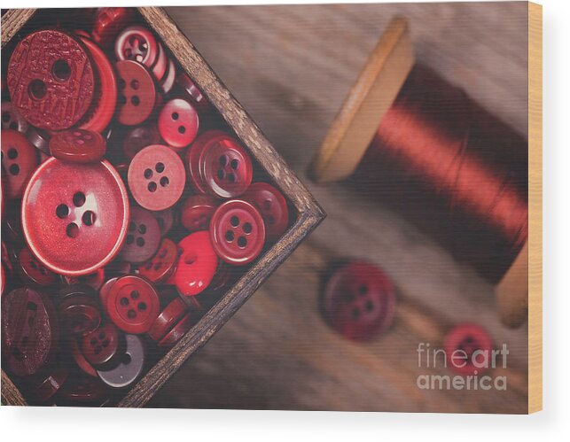 Thread Wood Print featuring the photograph Retro styled red buttons and thread by Jane Rix