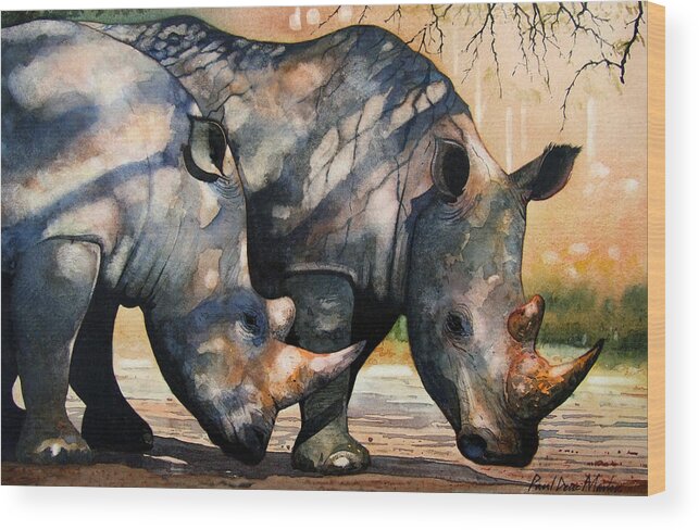 Rhino Wood Print featuring the painting Rhinos in dappled shade. by Paul Dene Marlor