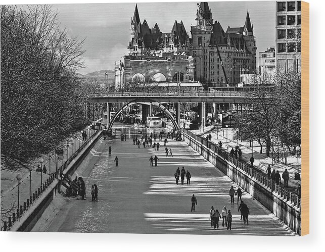 Rideau Canal Wood Print featuring the photograph Rideau Canal is open for skating BW by Tatiana Travelways