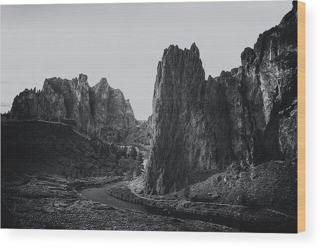 Smith Rock Wood Print featuring the photograph River and Rock bw by Belinda Greb