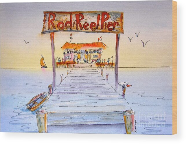 Calendar Wood Print featuring the painting Rod And Reel Pier by Midge Pippel