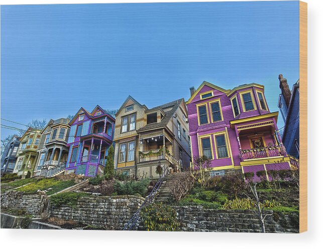 Cincinnati Ohio Row Houses Colorful Purple Blue Yellow Green Hdr Wood Print featuring the photograph Row houses by Keith Allen