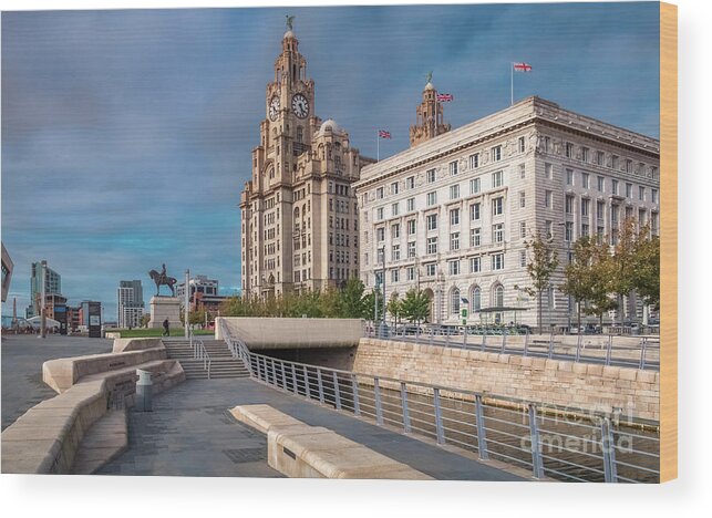 Liverpool.merseyside Wood Print featuring the photograph Royal Liver and Cunard Buildings, Pier Head, Liverpool, UK by Philip Preston