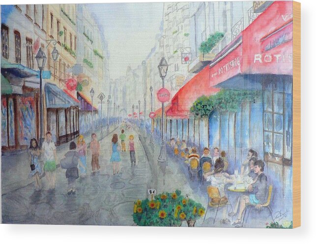 Late Afternoon Streetscape Wood Print featuring the painting Rue Montorgueil Paris Right Bank by Dan Bozich