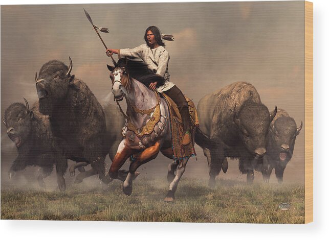 Western Wood Print featuring the digital art Running With Buffalo by Daniel Eskridge