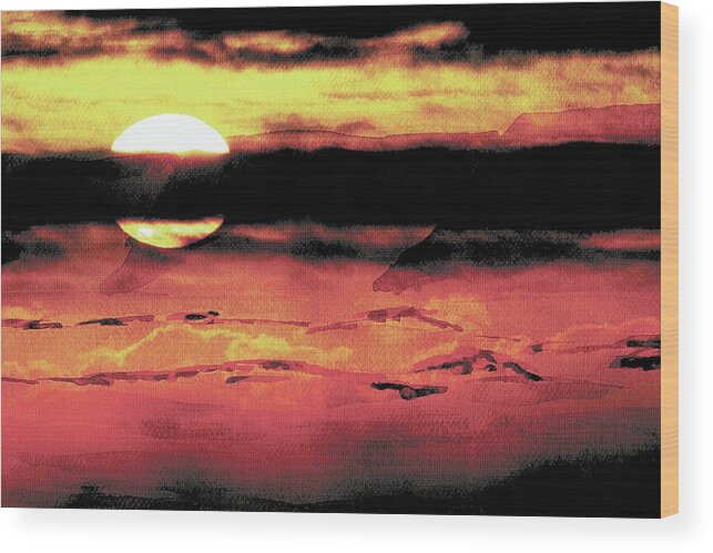 Resset Sunset Ocean Sea Gothic Clouds Silhouette Darkness Sundown Spiritual Evening Breathtaking Brilliant Red Brown Nature Landscape Horizontal Outdoors Night Waves Wood Print featuring the painting Russet Sunset by Paula Ayers