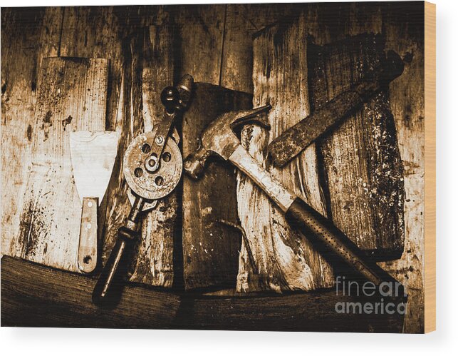 Mining Wood Print featuring the photograph Rusty Old Hand Tools on Rustic Wooden Surface by Jorgo Photography