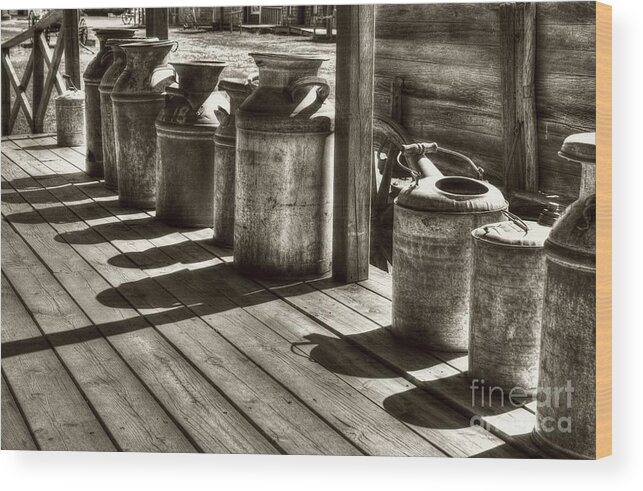 Scenes From Far And Near Wood Print featuring the photograph Rusty Western Cans #1 Sepia Tone by Mel Steinhauer