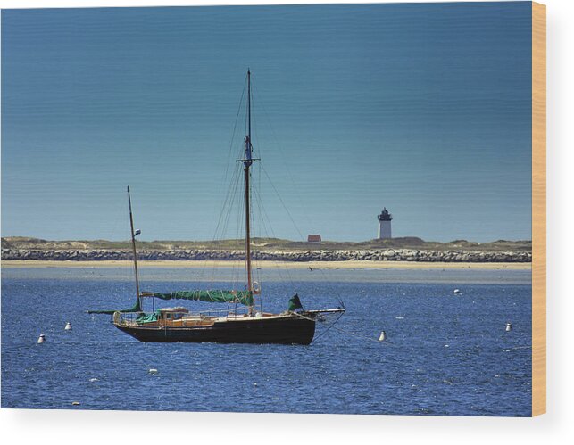 Sailboat Wood Print featuring the photograph Sailboat and Long Point Lighthouse by Darius Aniunas