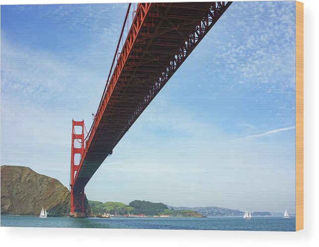 Georgia Mizuleva Wood Print featuring the painting Sailing Under the Golden Gate Bridge in San Francisco Bay California by Georgia Mizuleva