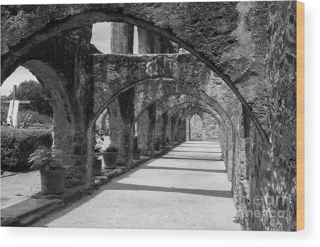 San Antonio Wood Print featuring the photograph San Antonio Mission arches in black and white by Paul Quinn