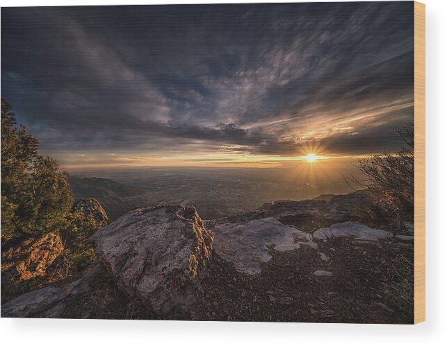 Albuquerque Wood Print featuring the photograph Sandia Peak Sunset full rays by Framing Places