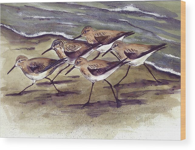 Watercolor Wood Print featuring the painting Sandpipers by Nancy Patterson