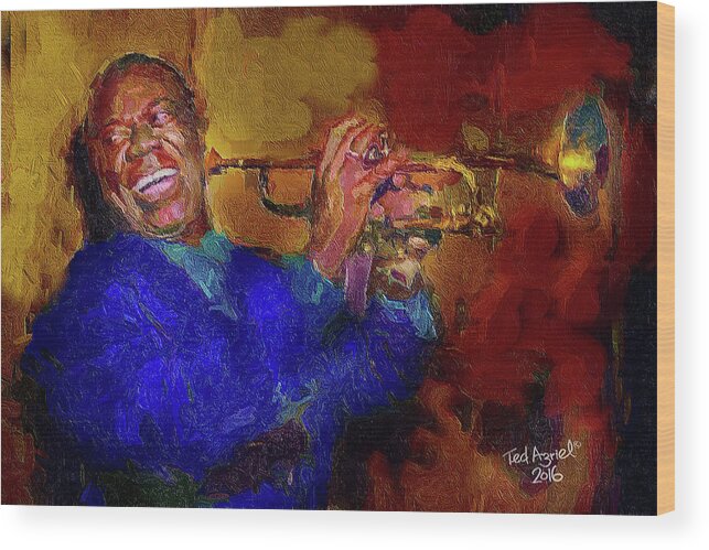 Louis Armstrong Wood Print featuring the painting Satchmo by Ted Azriel
