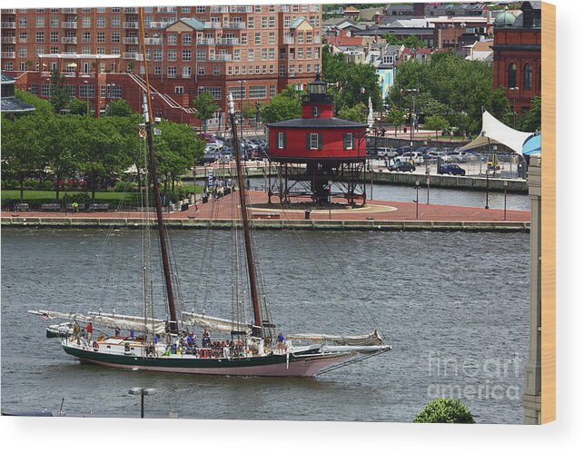 Baltimore Wood Print featuring the photograph Schooner Lady Maryland leaving Inner Harbor Baltimore by James Brunker
