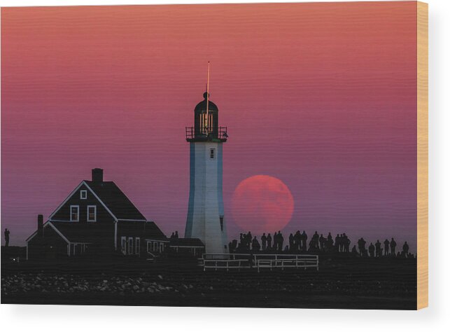 Lighthouse Wood Print featuring the photograph Scituate Supermoon by Rob Davies