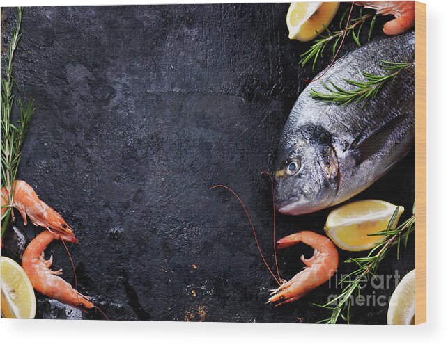 Seafood Wood Print featuring the photograph Seafood on black background by Jelena Jovanovic