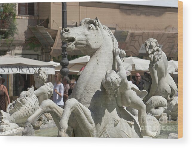 Fontana Wood Print featuring the photograph Seahorse and Putto in piazza Navona I by Fabrizio Ruggeri