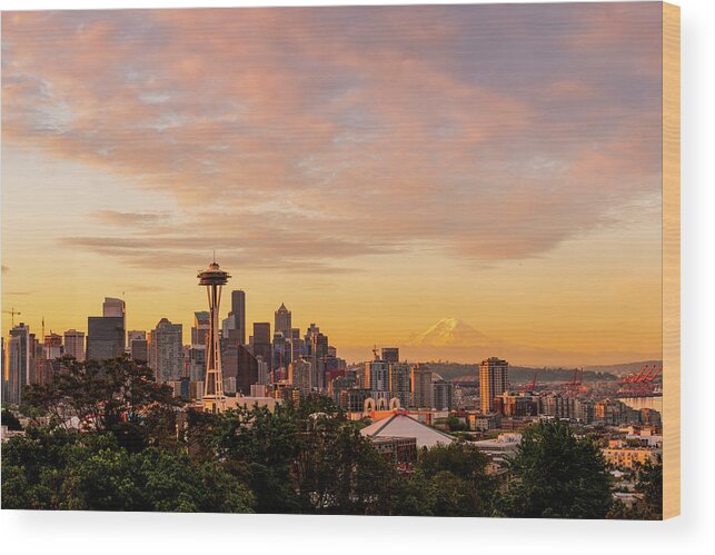 Sunrise; Landscape; Space Needle; Seattle; Kerry Park; Mount Rainier; Cloudy Wood Print featuring the digital art Seattle Sunrise by Michael Lee