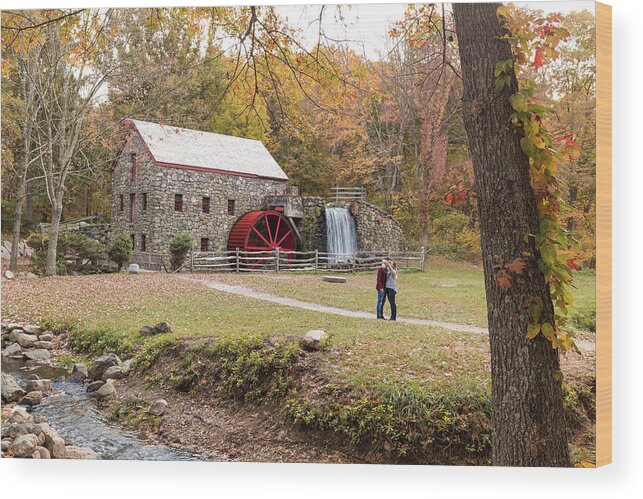 Sudbury Grist Mill Water Fall Waterfall Wheel Waterwheel Outside Outdoors Selfie Couple People Nature Natural Leaves Leaf Ma Mass Massachusetts Autumn Brian Hale Brianhalephoto Newengland New England Usa Architecture Historic Tree Trees Wood Print featuring the photograph Selfie in Autumn by Brian Hale